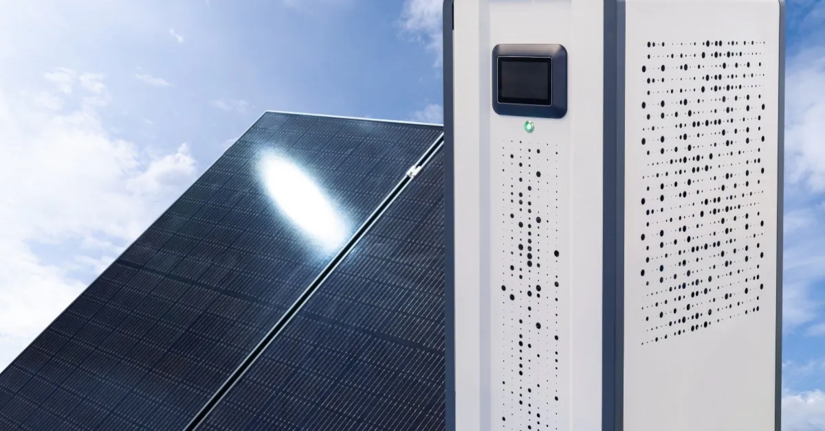 A tall white box with a small digital screen next to a standing solar panel with multiple cells under the sun.