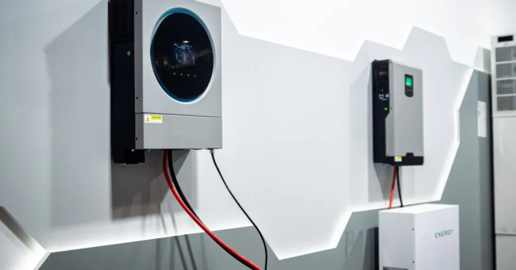 Tesla Solar Powerwall Operating Modes Explained 6 Two small metal power storage units and cables connected at the bottom placed on a white wall with grey stripes.