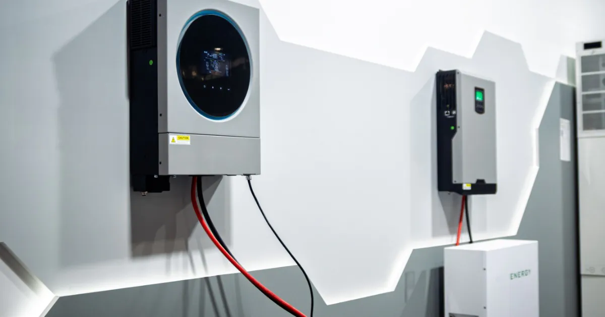 Learn 5 Two small metal power storage units and cables connected at the bottom placed on a white wall with grey stripes.