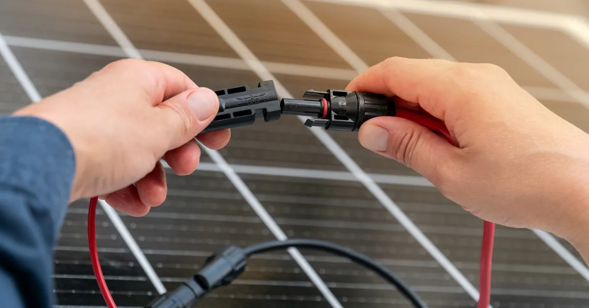 Learn 3 A close-up of two hands holding a plastic connector with a red cable, over a large solar panel with multiple cells.