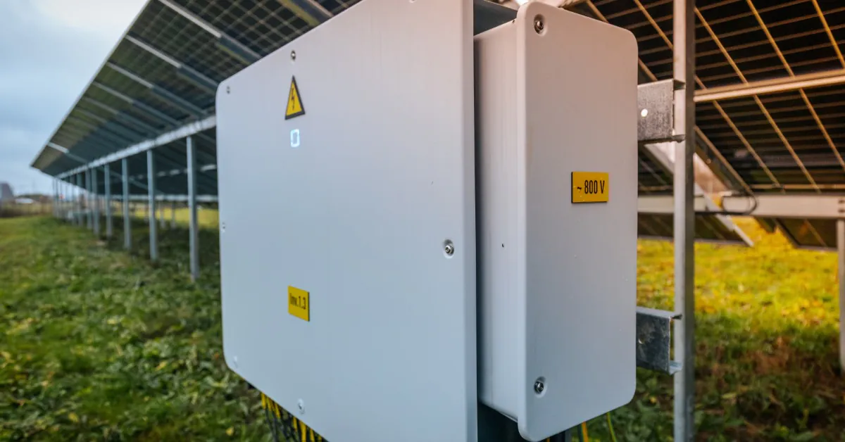 Learn 1 A close-up of a large inverter box placed under multiple rows of commercial solar panels in an open grass field.