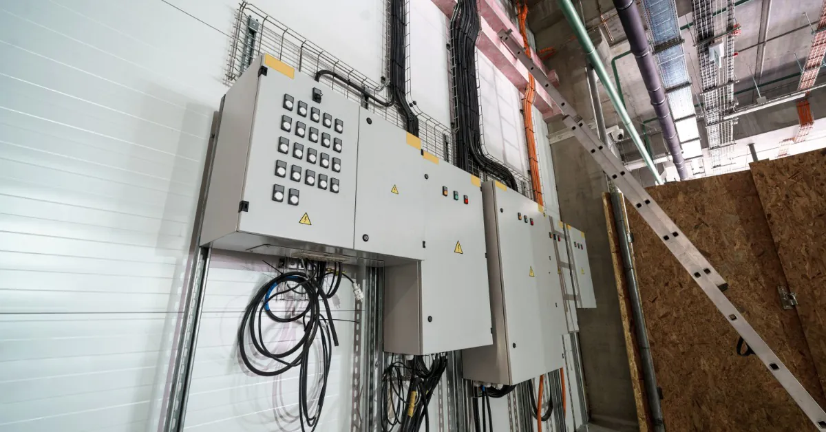 An Introduction to Tesla Megapack Utility Storage 1 Multiple metal boxes next to each other attached to a large wall with multiple cables connected to the bottom and top.