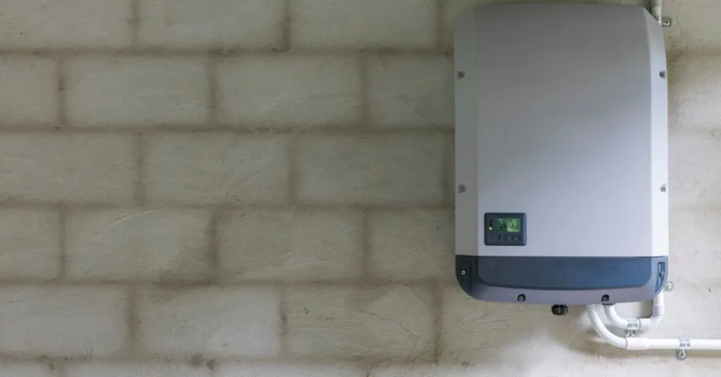 A Look at the Technical Specifications of the Powerwall 3 6 A grey rectangular power storage unit with a small screen in the bottom left, attached to a grey brick wall.