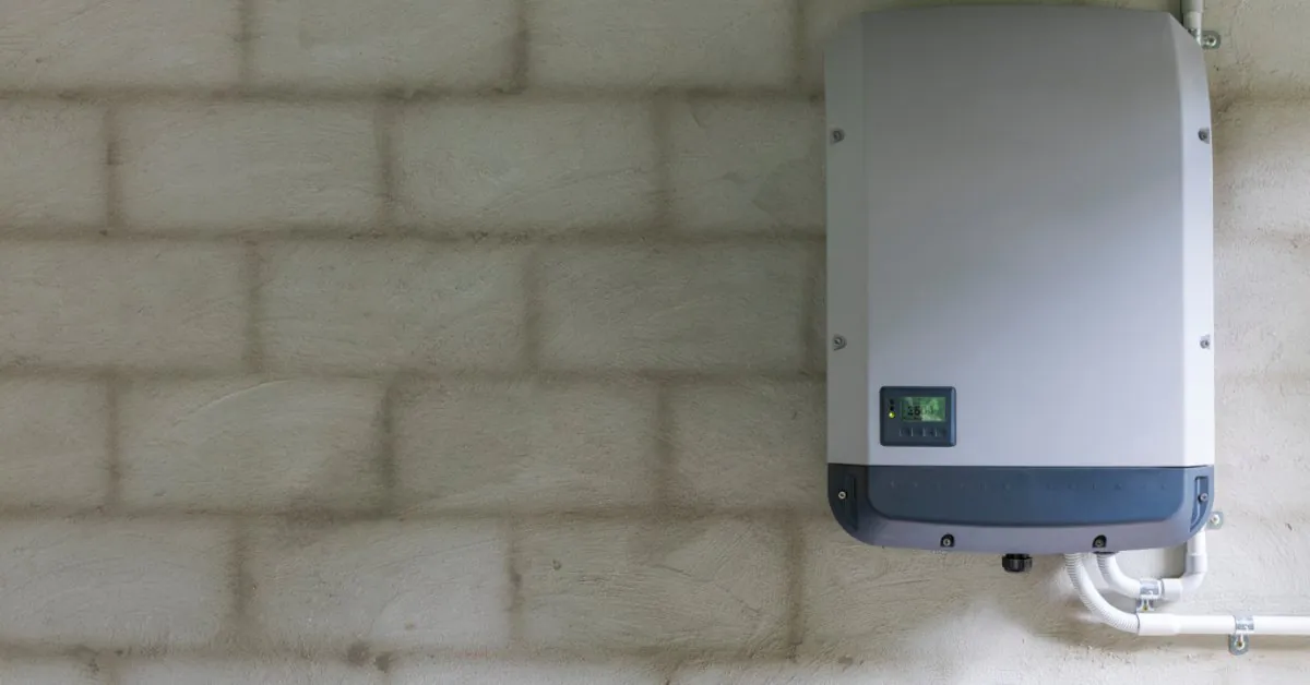 A grey rectangular power storage unit with a small screen in the bottom left, attached to a grey brick wall.