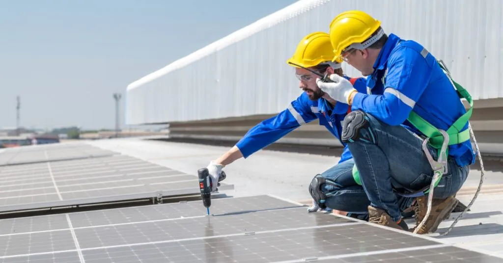 Scaling Solar for Manufacturing Facilities 2 Two workers wearing blue uniforms kneeling next to a solar panel while one uses an electric screwdriver on the panel.