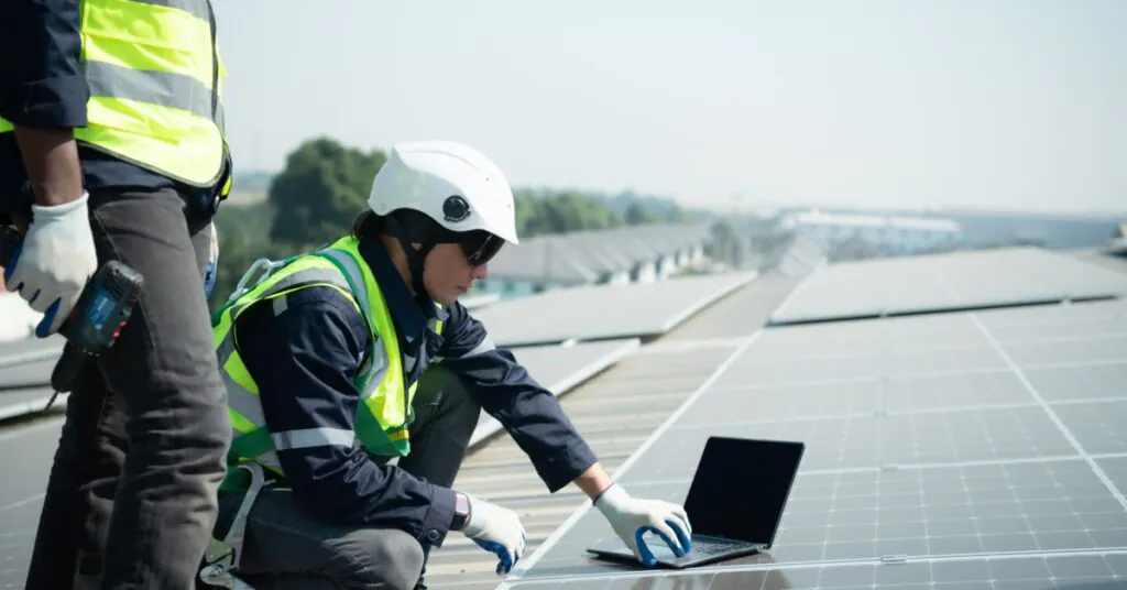 Scaling Solar for Manufacturing Facilities 1 A worker wearing a white helmet, kneeling next to a solar panel with a laptop on top, next to another worker.