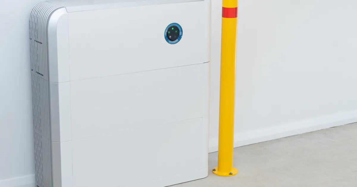 How To Do Whole-Home Backup With Tesla Powerwall 2 A large white box with a small screen at the top, placed on a concrete floor next to a yellow pole of the same height.