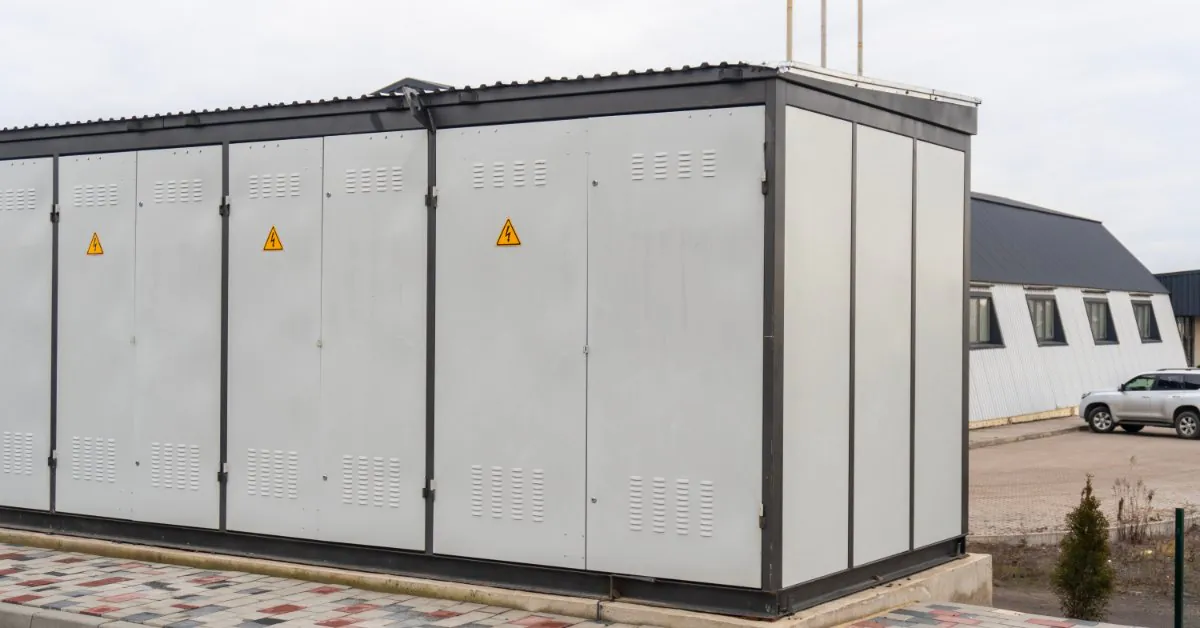 A large white box with a tilted top and small electric signs placed on a concrete slab outdoors next to a building.