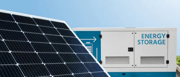 A large solar panel with multiple sensor rows next to a large white and blue box displaying the words “energy storage”.