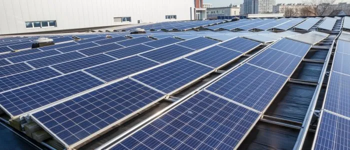 Multiple rows of large solar panels slightly raised at an angle on top of a commercial building on a sunny day.