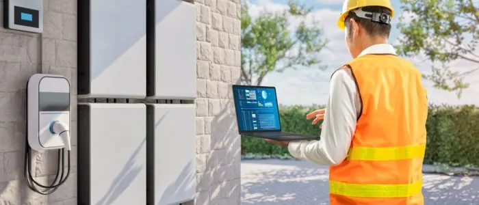 A worker wearing a helmet and safety vest, holding a laptop in front of multiple batteries attached to the wall.