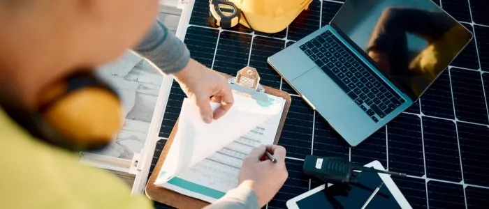 A man writing on a piece of paper attached to a clipboard next to a laptop and a tablet placed on top of a solar panel.